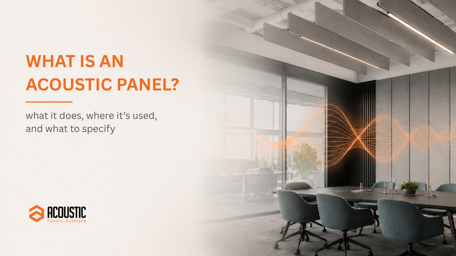 Acoustic panels in a modern commercial meeting room showing wall panels, ceiling baffles, and orange sound waves to represent sound absorption.