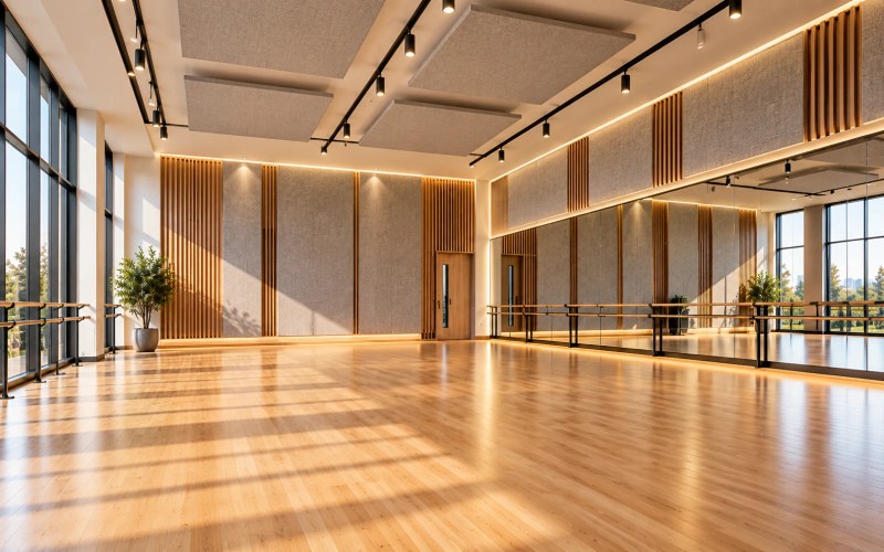 A bright dance studio with a sprung timber floor, mirrored and glazed walls, and fabric and timber slat acoustic panels across the upper walls and ceiling — Acoustic Panels Australia