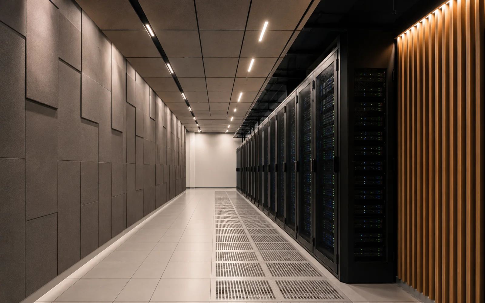 Acoustic wall panels and acoustic ceiling tiles lining a data centre corridor alongside rows of server racks — Acoustic Panels Australia