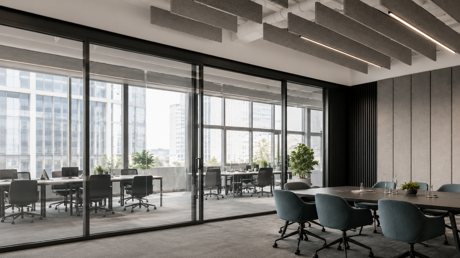 Acoustic panels in a modern commercial meeting room showing wall panels, ceiling baffles, and orange sound waves to represent sound absorption.