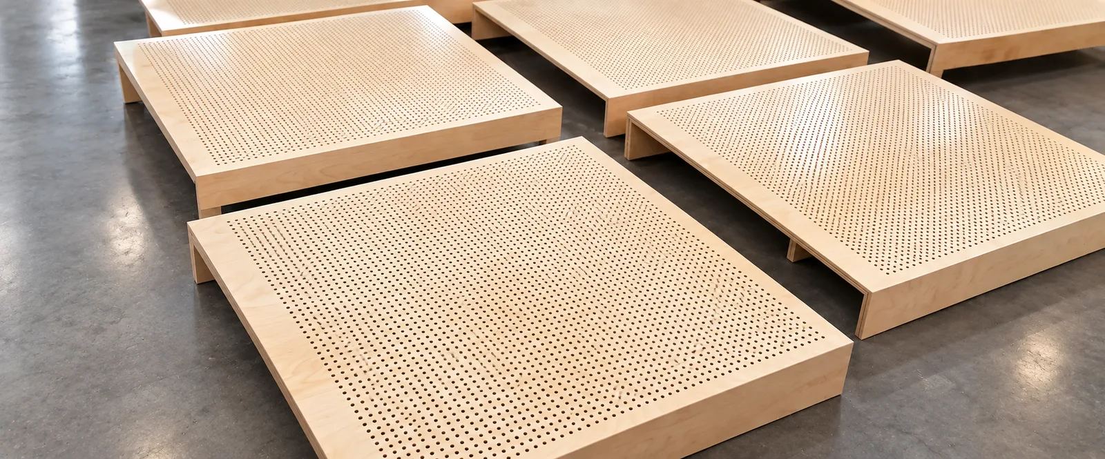 Freshly manufactured perforated birch plywood acoustic panels laid out on a workshop floor, ready to be matched to an existing installation — Acoustic Panels Australia