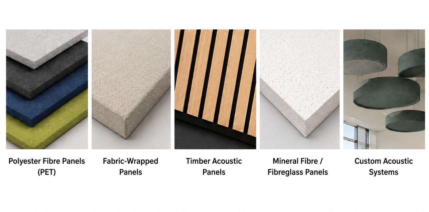 Different acoustic panel materials used in acoustic panels Australia projects, including polyester fibre panels, fabric-wrapped panels, timber acoustic panels, mineral fibre panels, and custom acoustic systems.