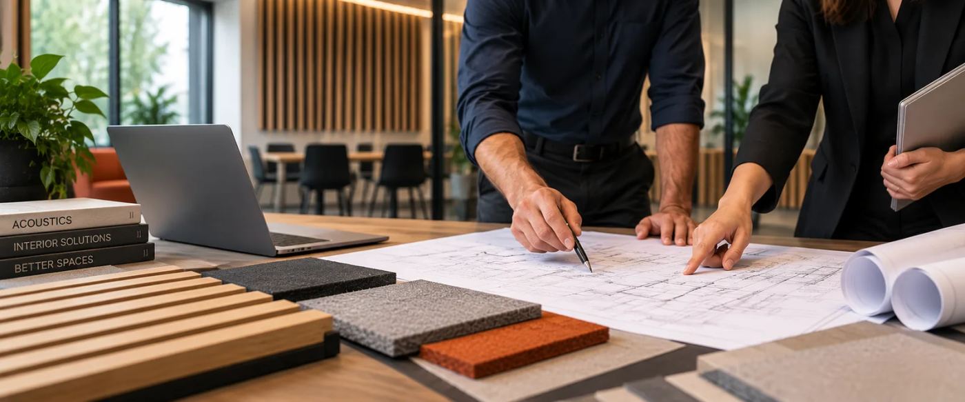Two people reviewing floor plans at a table with timber slat and felt acoustic panel samples, deciding when to bring an acoustic consultant into a project — Acoustic Panels Australia