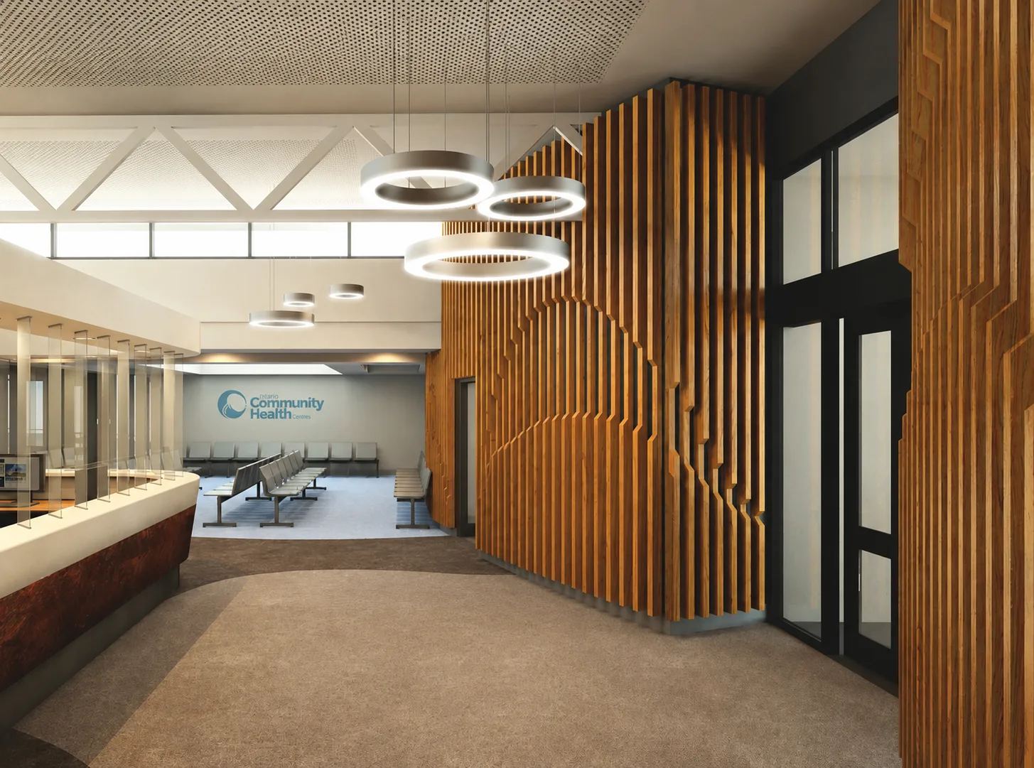 AUS Fins™ angled timber fin acoustic feature wall in a community health centre lobby, with ring pendant lights and a reception desk — Acoustic Panels Australia
