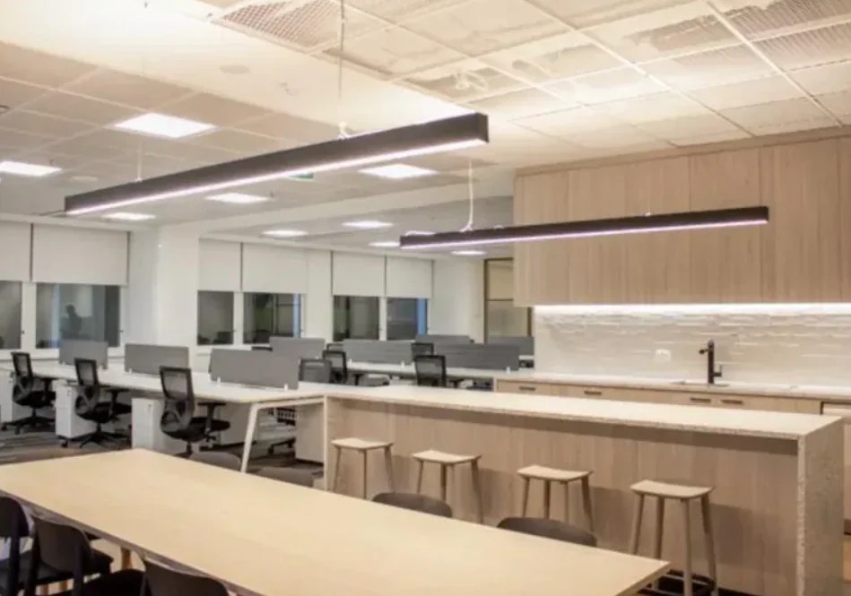 An open-plan workspace beneath a lay-in grid ceiling, with a timber bench, linear lighting and workstations below — Acoustic Panels Australia