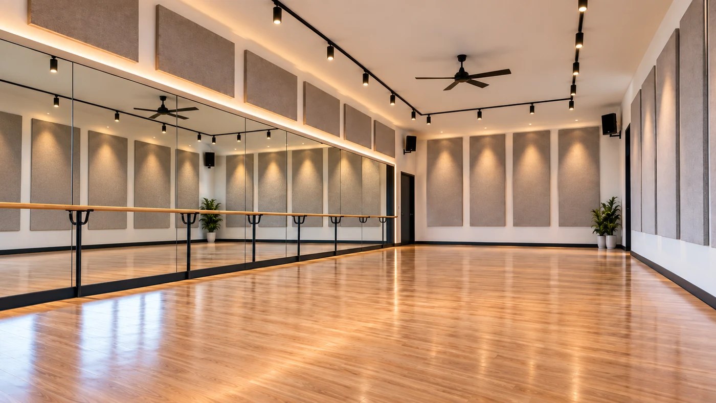 A dance studio lined with mirrors and barres, with acoustic wall panels set above mirror height around the room — Acoustic Panels Australia