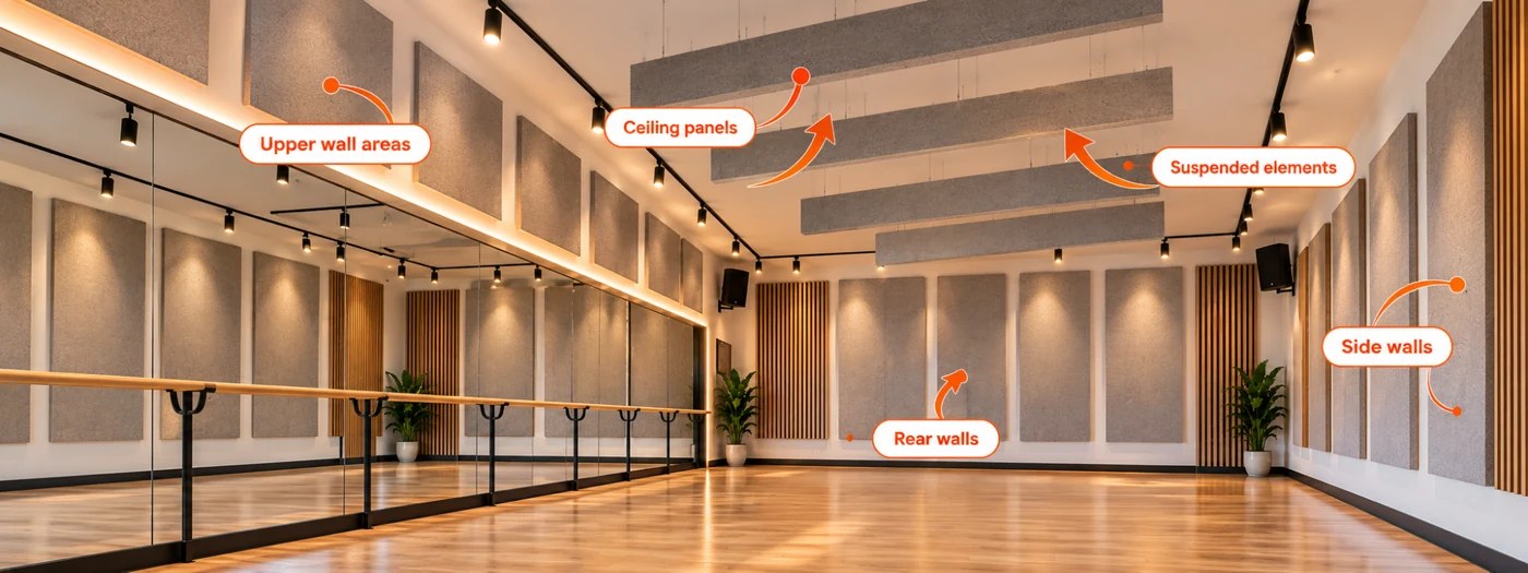 The same studio annotated to show where absorption can be distributed: upper wall areas, rear walls, side walls, ceiling panels and suspended elements — Acoustic Panels Australia