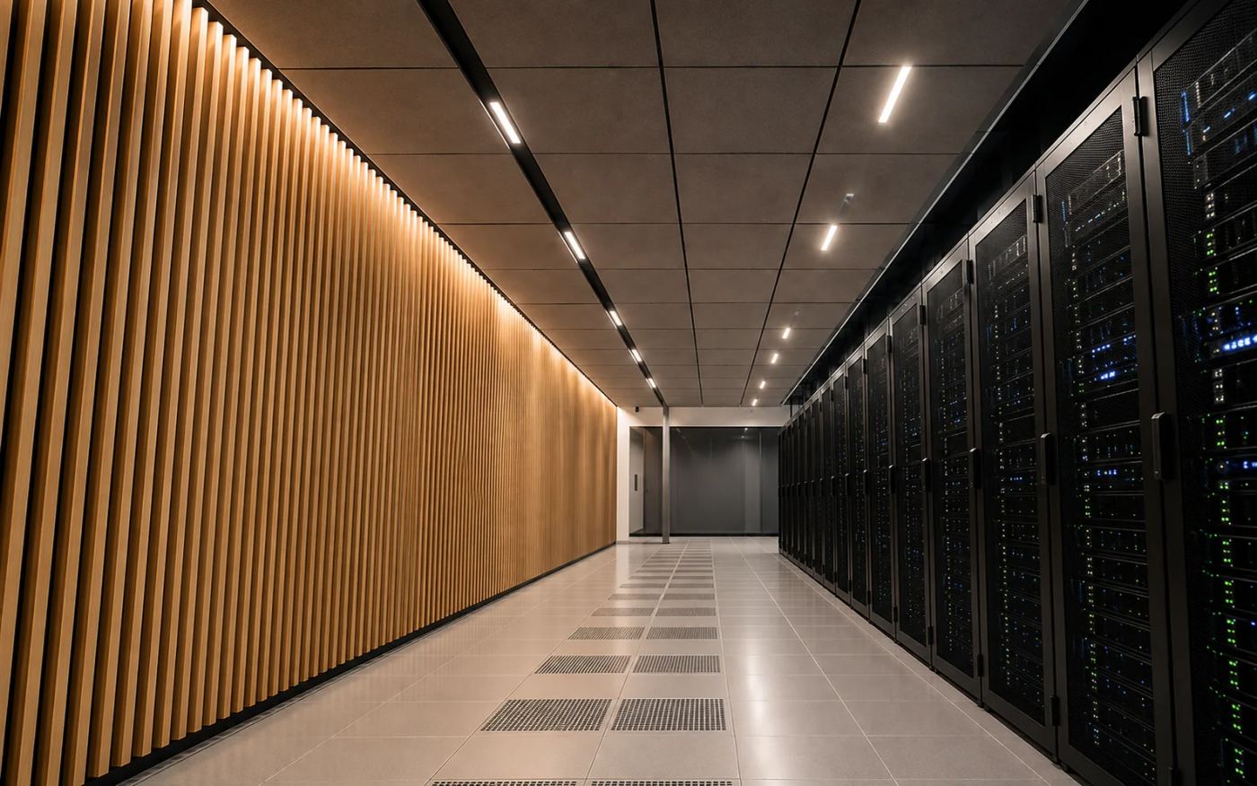 Acoustic ceiling tiles running the length of a data centre corridor above a timber slat acoustic wall, opposite rows of server racks — Acoustic Panels Australia