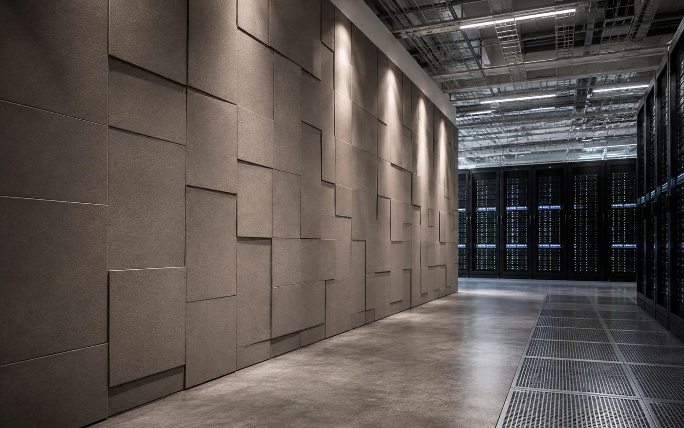 Staggered three-dimensional acoustic wall panels in a data centre equipment hall, with server racks and exposed cable trays and building services overhead — Acoustic Panels Australia