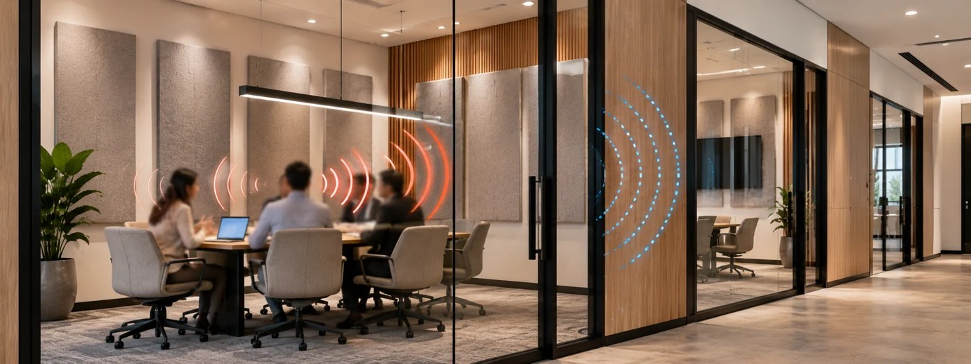 A boardroom seen through a glazed partition with sound waves radiating across the table, illustrating what a conference microphone picks up — Acoustic Panels Australia
