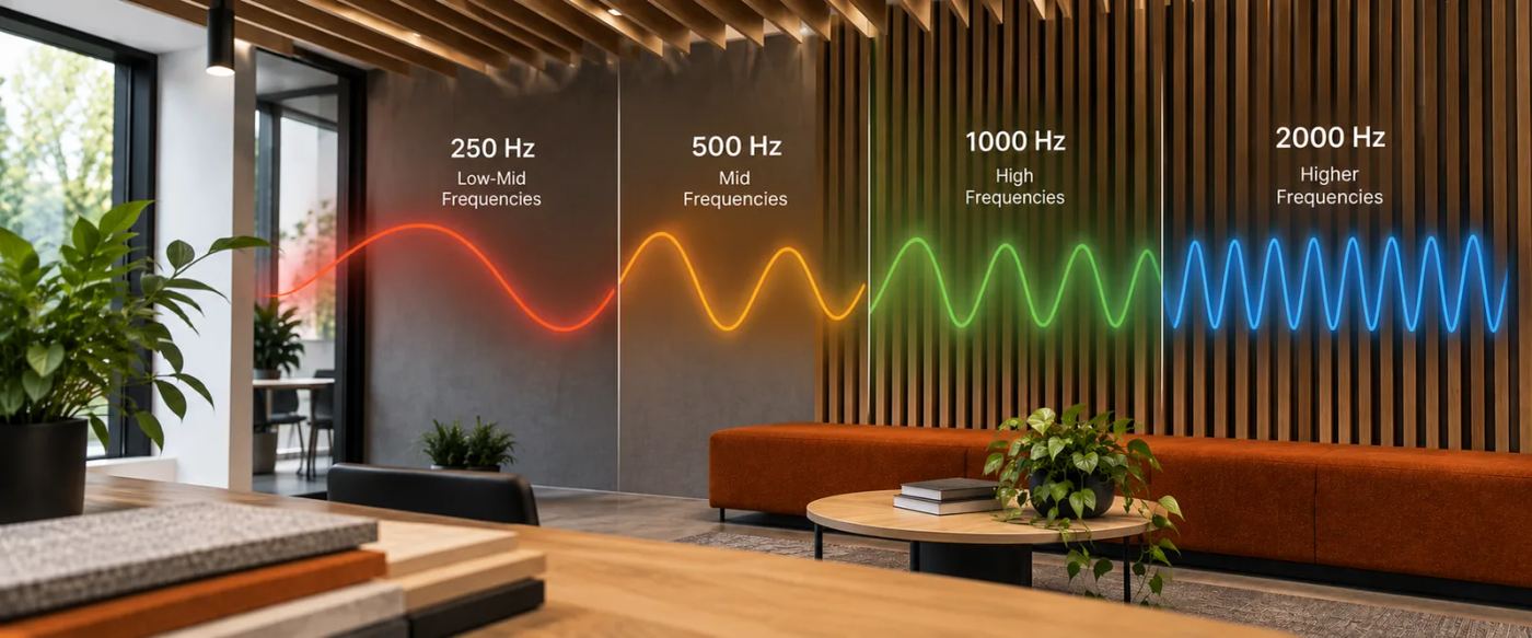 The four NRC test frequencies — 250 Hz low-mid, 500 Hz mid, 1000 Hz high and 2000 Hz higher — shown as sound waves across a timber slat acoustic wall in a lounge — Acoustic Panels Australia