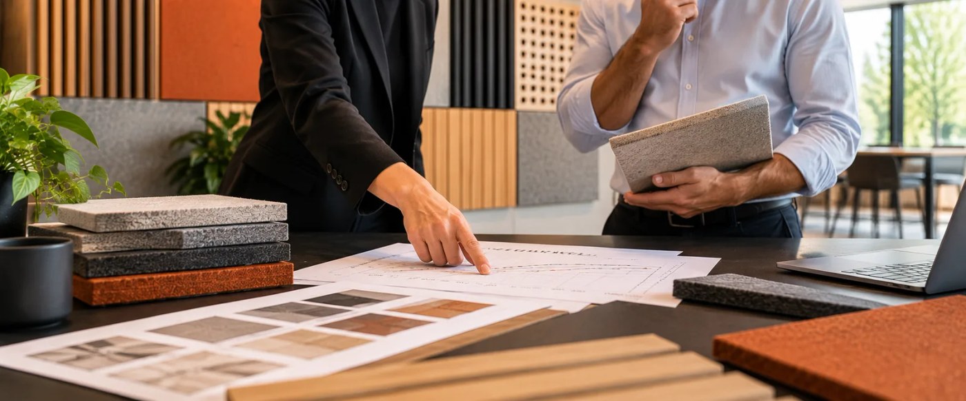A specifier pointing to an absorption curve on a spec sheet while a supplier holds a felt acoustic panel sample, with timber, felt and perforated panel samples on the table — Acoustic Panels Australia