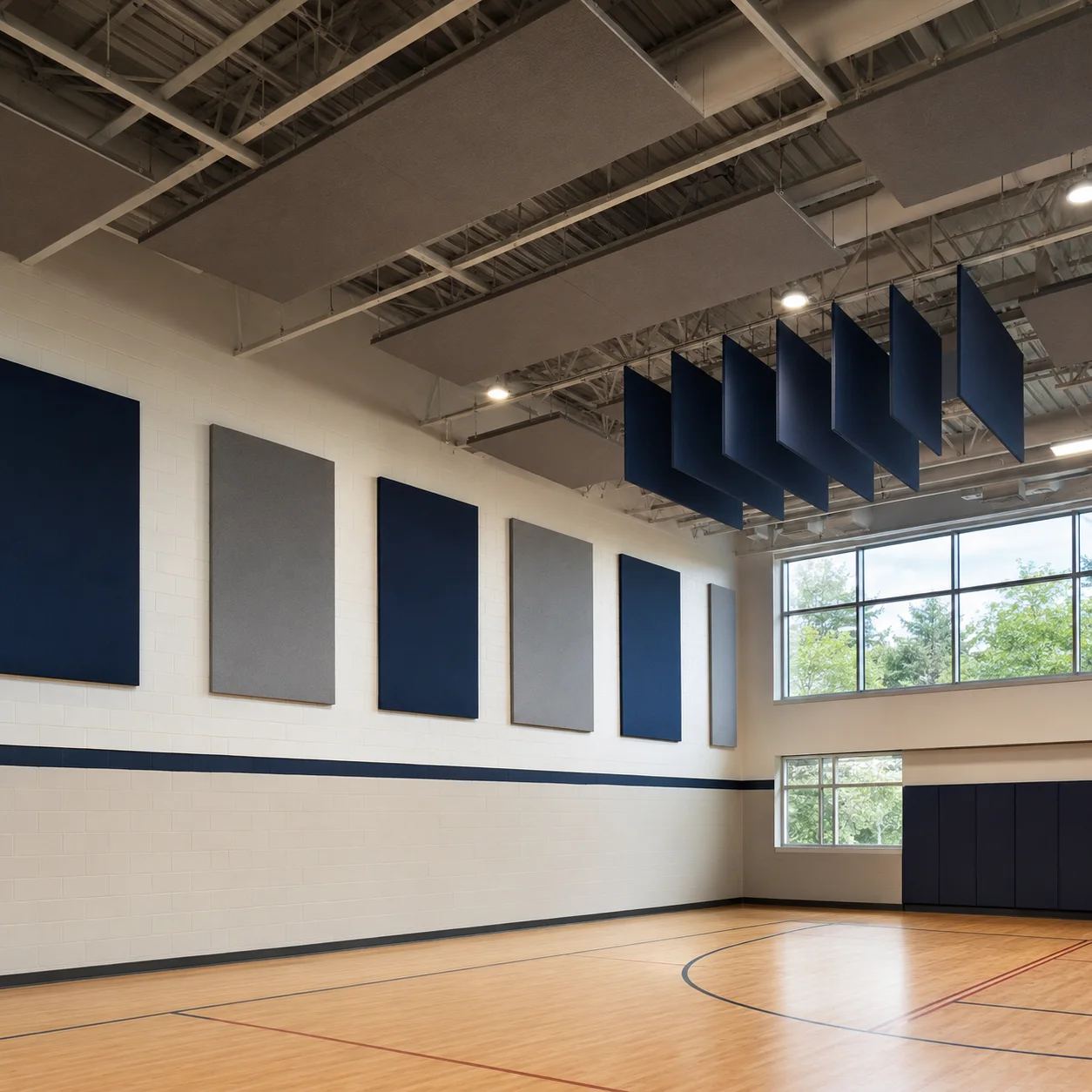 School sports hall treated with acoustic wall panels and suspended ceiling baffles to control reverberation, by Acoustic Panels Australia