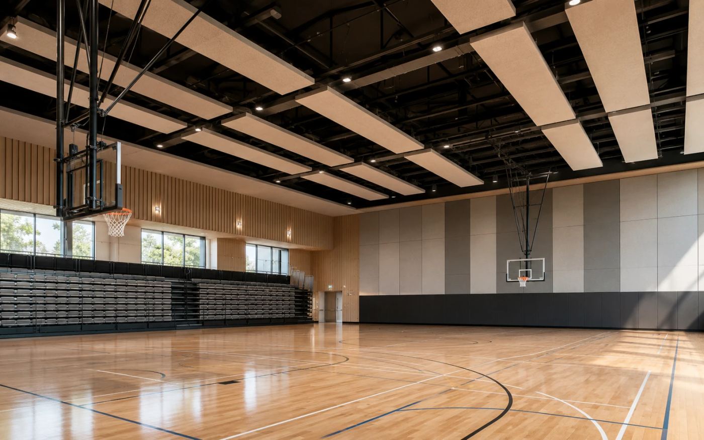 A grid of acoustic ceiling rafts suspended between exposed steel trusses above an indoor basketball court, with grey acoustic wall panels above an impact-resistant dado and retractable seating — Acoustic Panels Australia