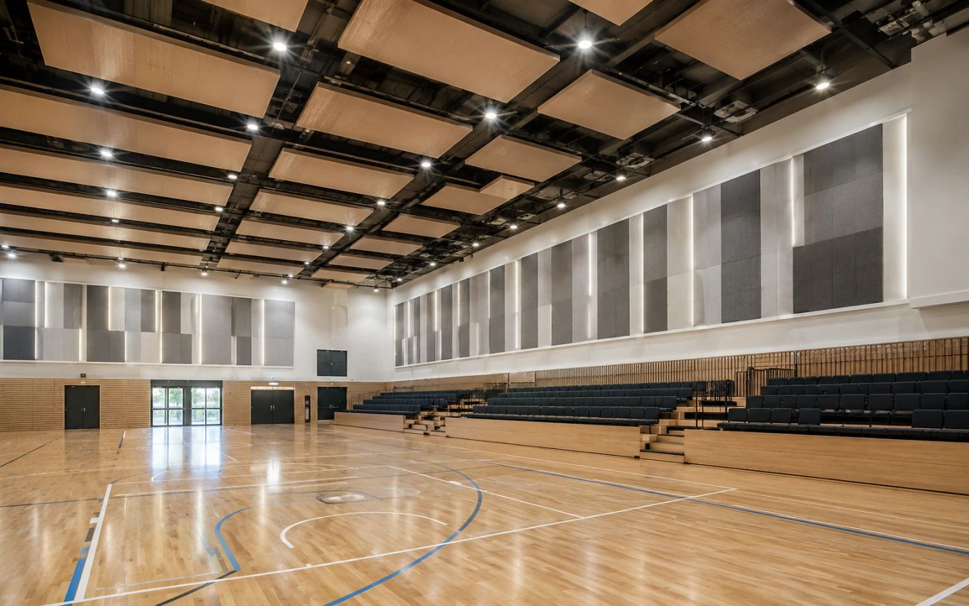 Grey acoustic panels mounted high on the upper walls of a large sports hall, above a timber slat dado and retractable seating, with acoustic ceiling rafts overhead — Acoustic Panels Australia