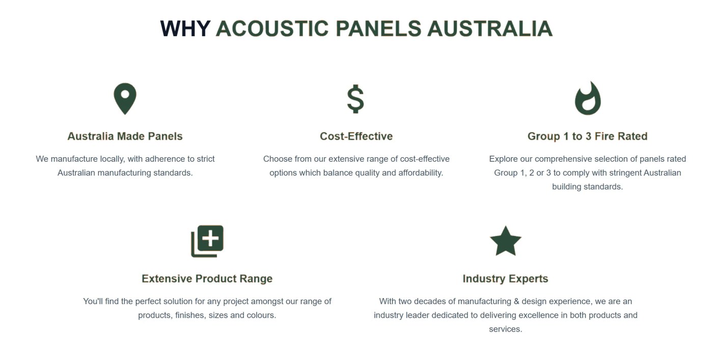 Why choose Acoustic Panels Australia: Australian-made panels built to strict local manufacturing standards, cost-effective options, panels rated Group 1 to 3 for fire, an extensive range of products, finishes, sizes and colours, and two decades of manufacturing and design experience