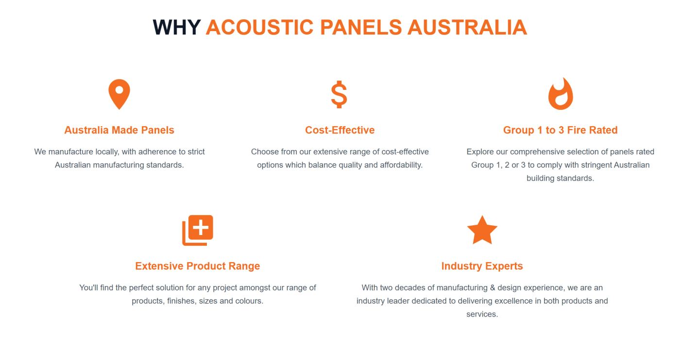 Why choose Acoustic Panels Australia: Australian-made panels built to strict local manufacturing standards, cost-effective options, panels rated Group 1 to 3 for fire, an extensive range of products, finishes, sizes and colours, and two decades of manufacturing and design experience