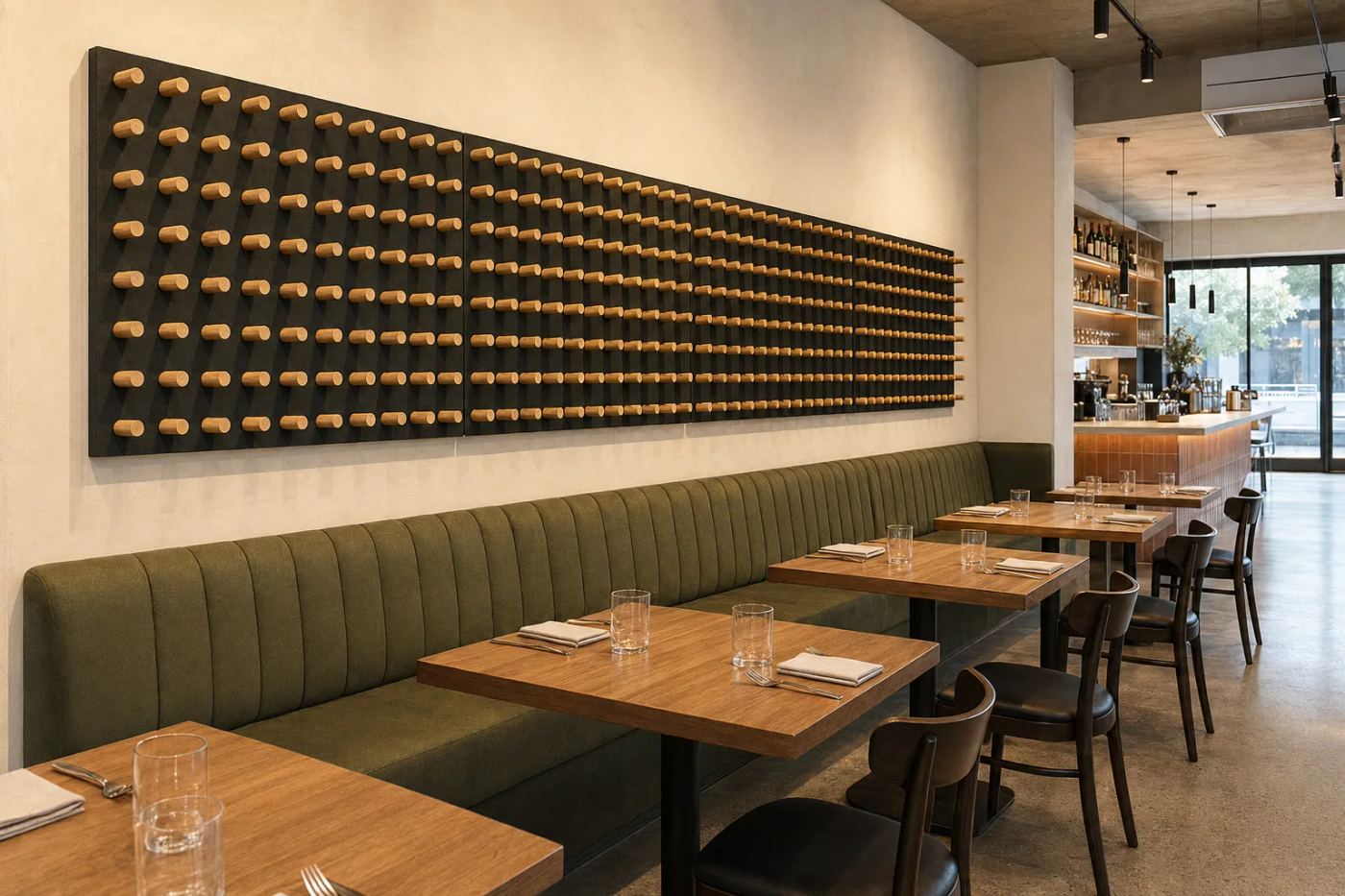 AUS Dowels timber dowel acoustic panels above green banquette seating in a restaurant, adding timber warmth and sound absorption to a hospitality interior — Acoustic Panels Australia