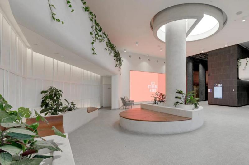 412 St Kilda Road lobby featuring white fluted acoustic wall panels by Acoustic Panels Australia